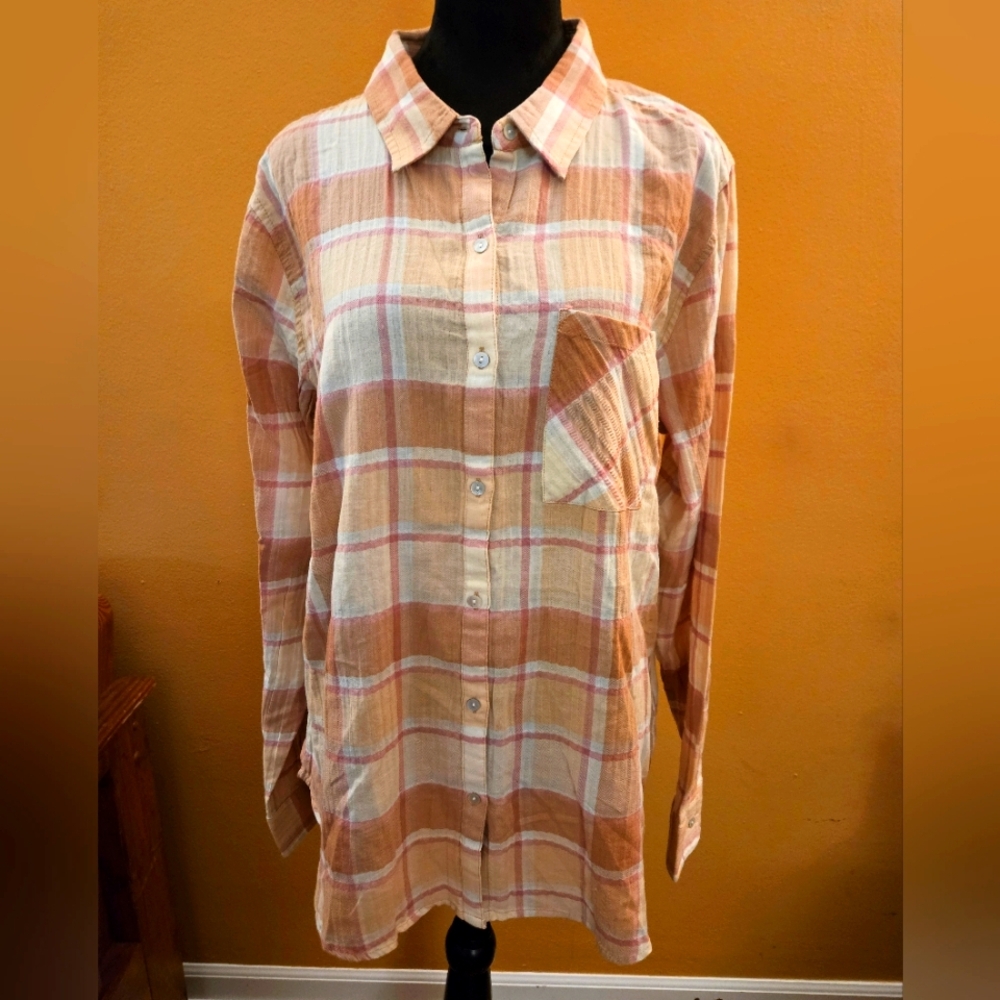 NWT Lucky Brand Plaid Button-Up Shirt in Peach and Cream